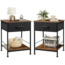 Nightstand Set of 2, End Table with Fabric Storage Drawer and Open Wood Shelf, Bedside Furniture Steel Frame,